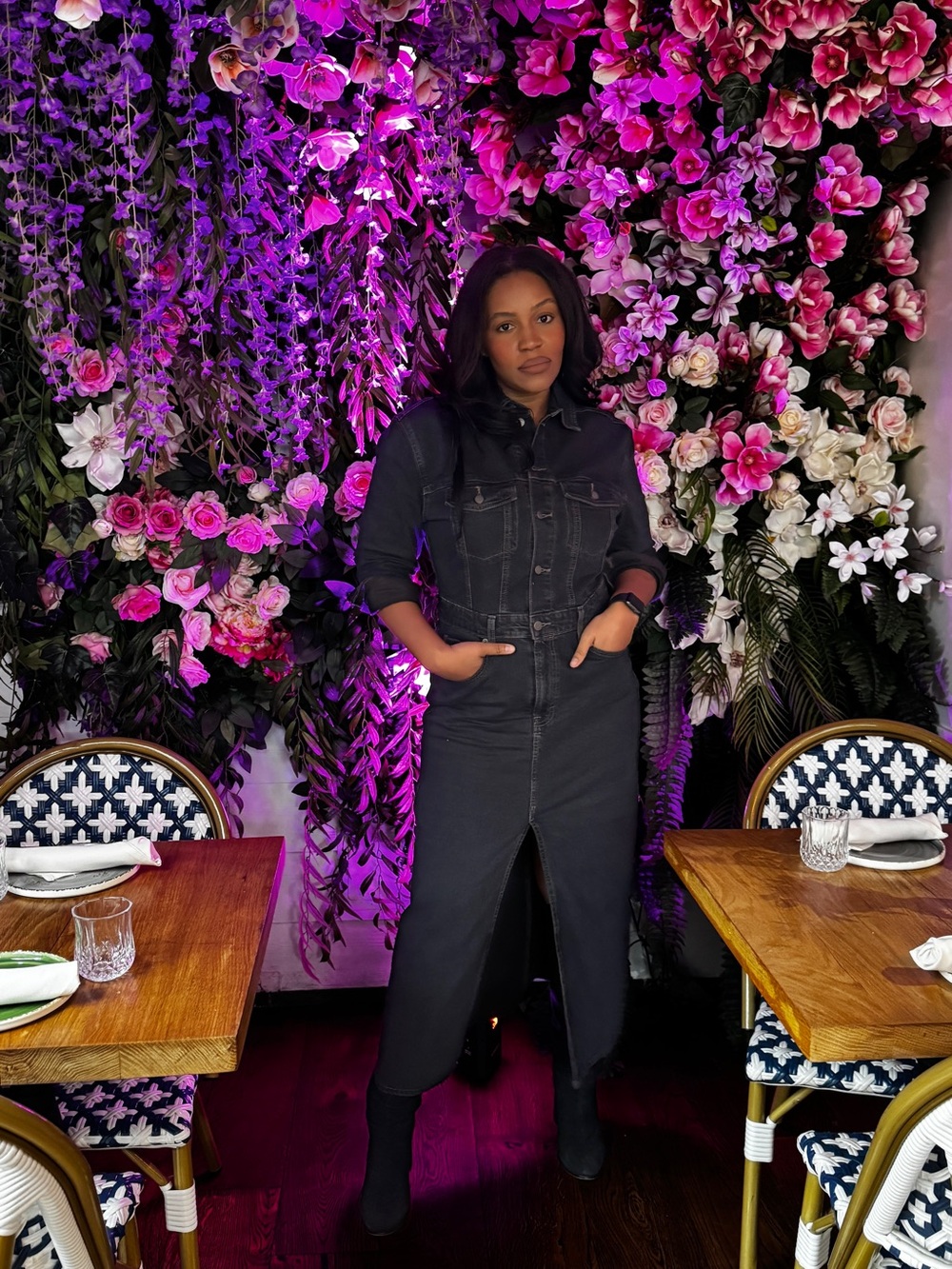 Women's Black Denim Button-Front Long Skirt Jacket Dress